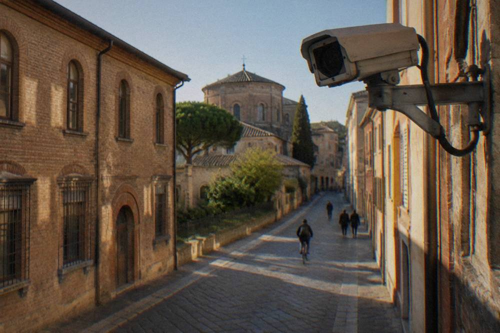A traffic camera mounted above a narrow street sign in an Italian town