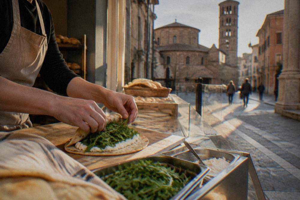 A rolled flatbread being filled with soft cheese and leafy greens at a bakery counter