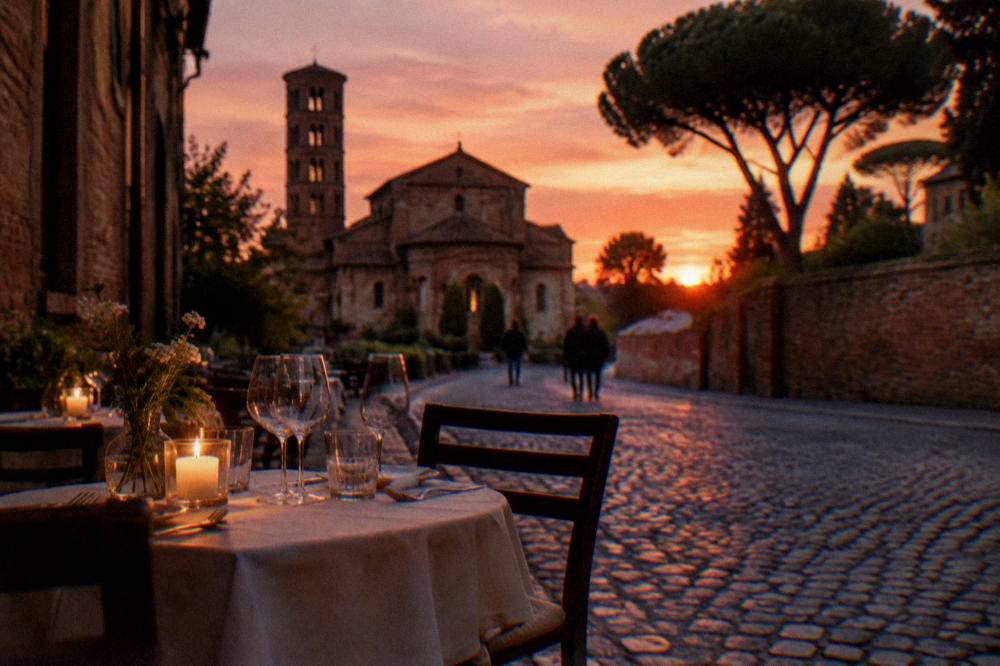An evening restaurant table with candles set on a cobblestone street in an old town
