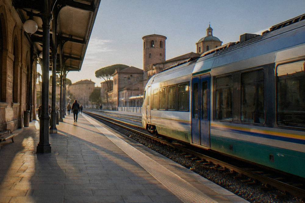 A train platform at Ravenna station with a regional train waiting at the terminus