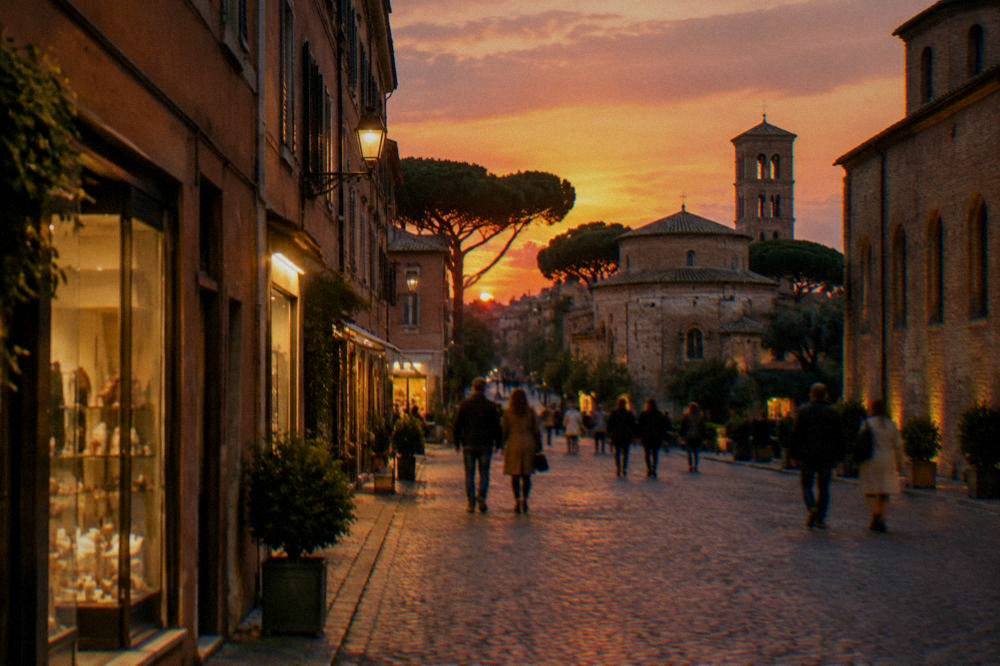 An evening street in Ravenna with lit shopfronts and people strolling