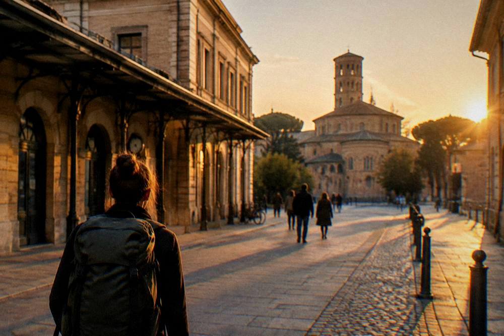 A traveller with a backpack leaving Ravenna station toward the old centre at golden hour