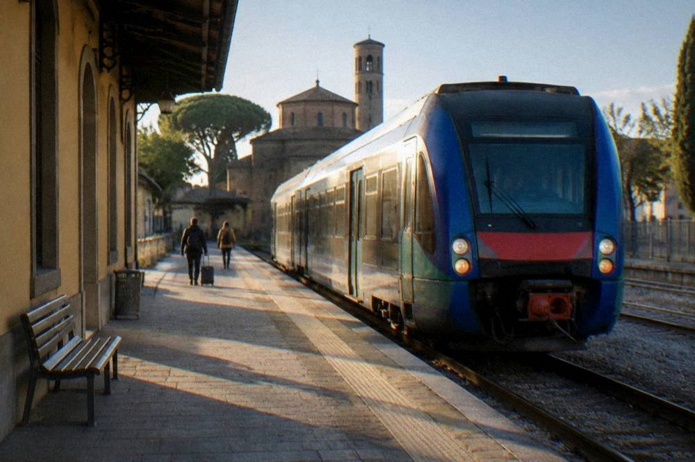 A regional train waiting at a small Italian railway station platform