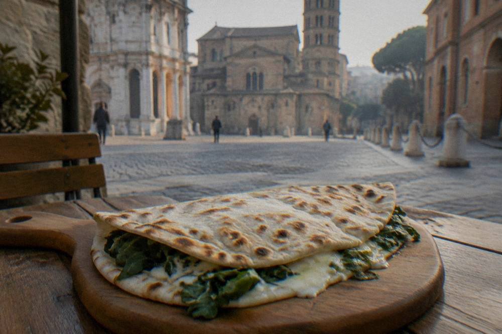 A flatbread piadina filled with cheese and greens served on a wooden board