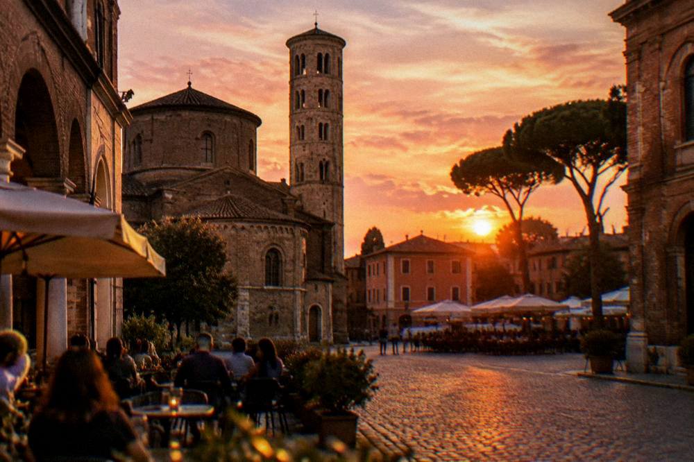 Evening light over rooftops and terracotta tiles in the centre of Ravenna