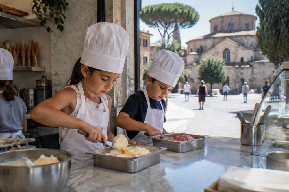 Children learning to make gelato behind a marble counter in a small Italian shop