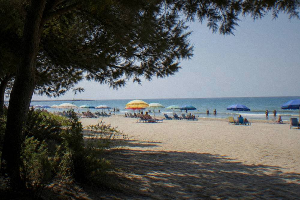 A sandy Adriatic beach with beach umbrellas and shallow water on a sunny day