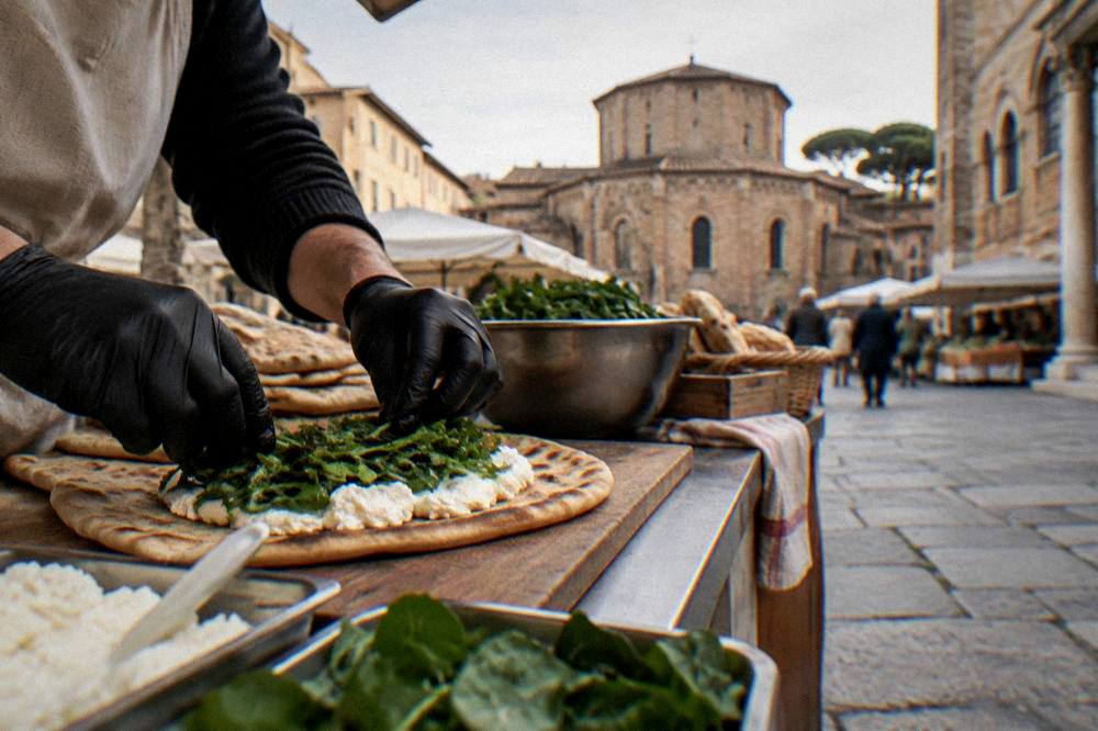 A flatbread being filled with soft cheese and leafy greens on a market counter