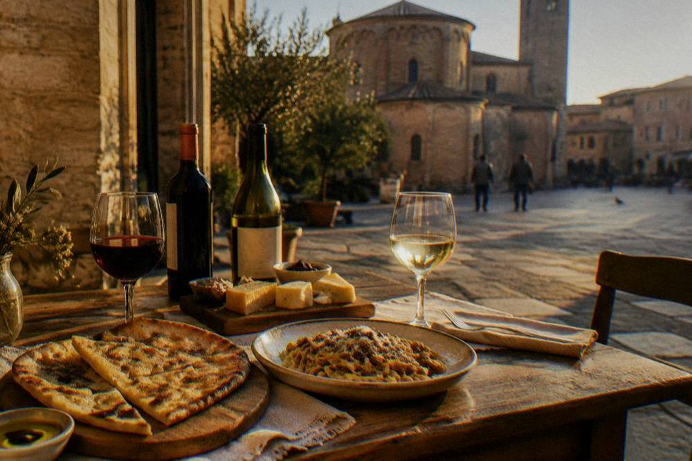 A rustic Italian table set with flatbread, cheese, pasta and two bottles of wine