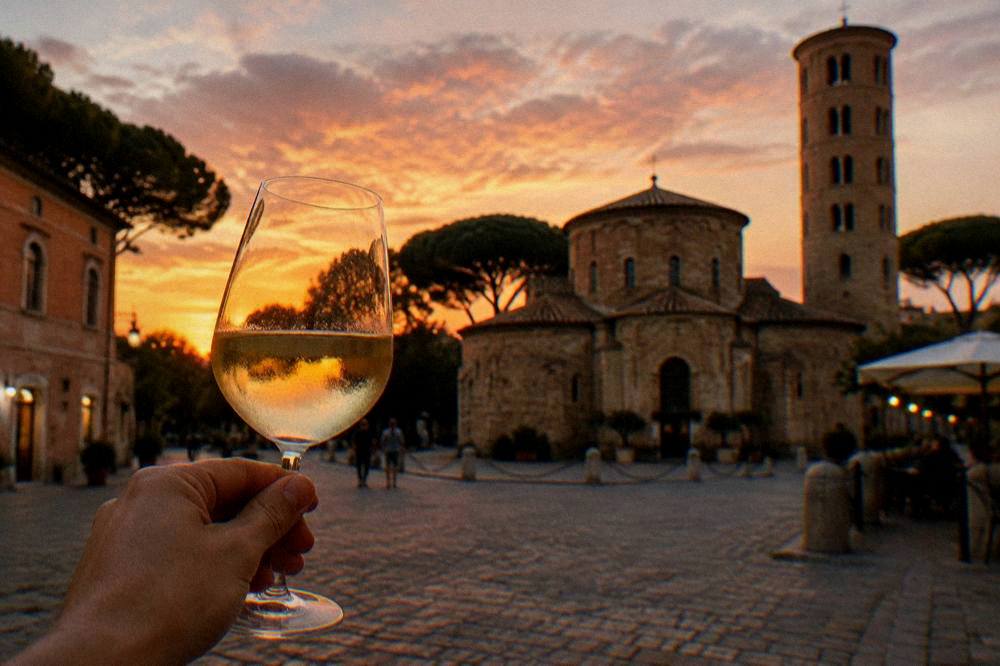 A glass of white wine raised against a softly lit evening piazza