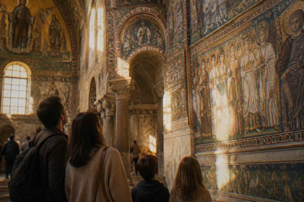 Family with children looking up at colorful mosaic walls inside an ancient basilica