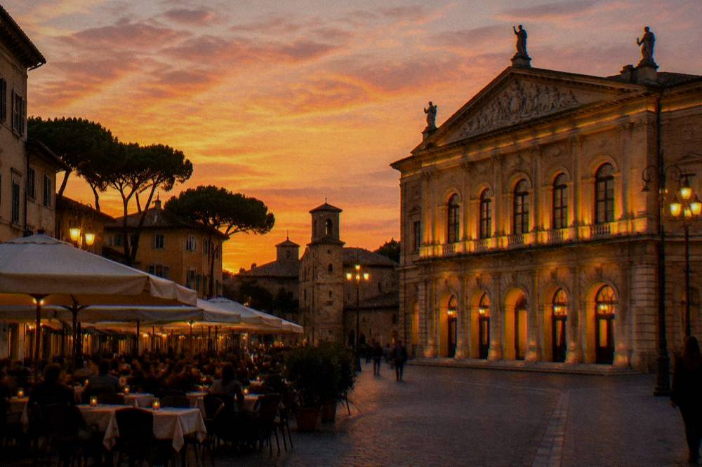 Illuminated historic theatre facade and evening street tables in an Italian city