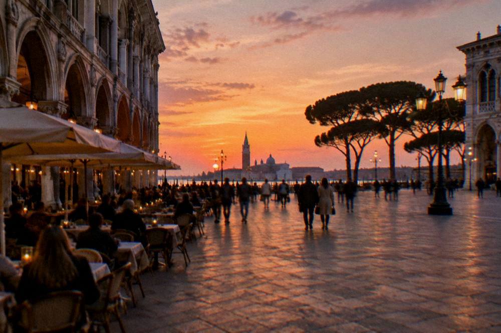 A wide Italian piazza with cafe tables, arcaded buildings and people strolling at dusk