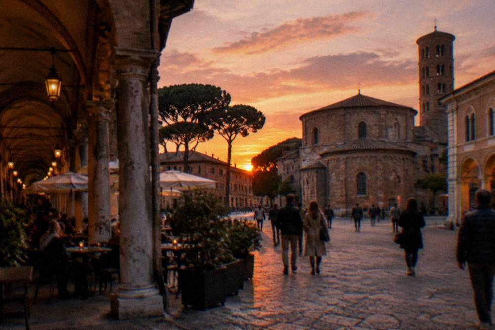 People walking past cafe tables under arcades on a central square in Ravenna in the evening