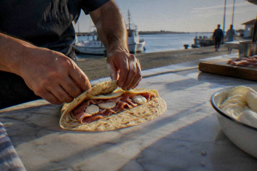 Flatbread piadina being filled at a small counter in Ravenna