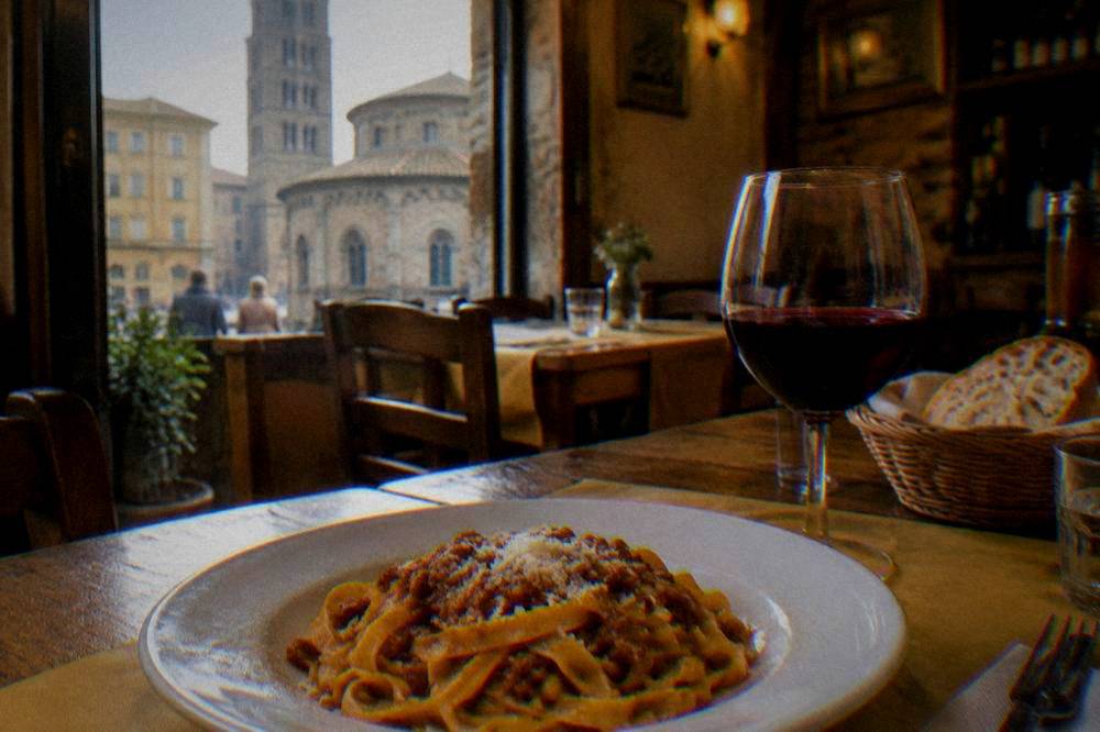 A table with fresh pasta and a glass of red wine inside a warm trattoria