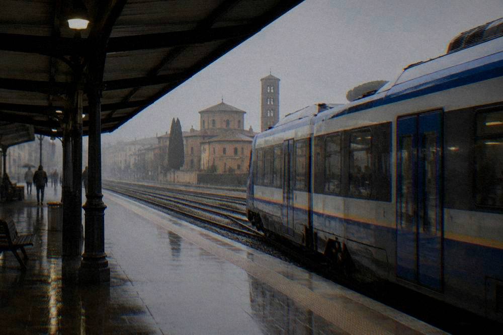 A regional train waiting at a covered platform on a grey rainy day