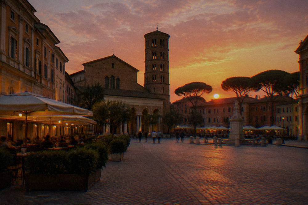 Evening light on the cafes and civic buildings of Piazza del Popolo in Ravenna
