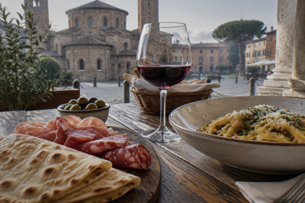 A rustic Italian table with folded flatbread, cured meats, a bowl of pasta and a glass of red wine
